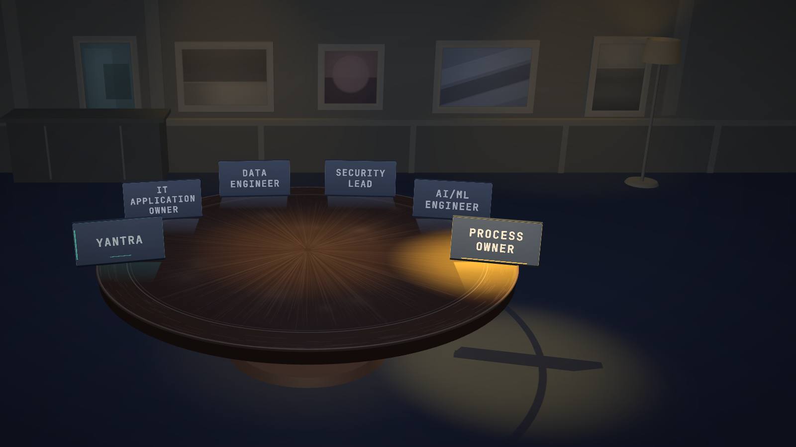Six people seated in a dim room, mid-conversation
